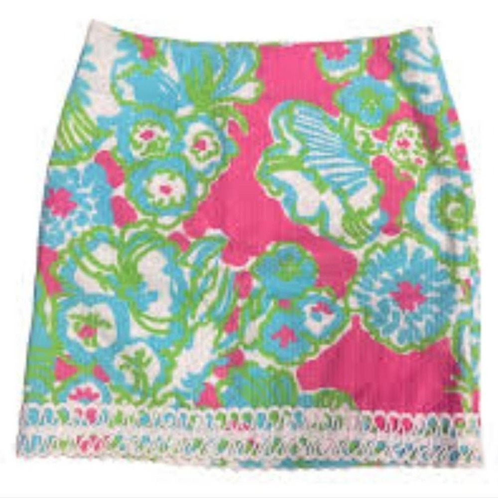 Lily Pulitzer‎ pink green and blue floral Rick rack trim pencil skirt size 0